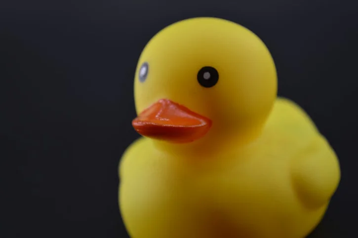 A close-up of a classic yellow rubber ducky on a dark background. Perfect for toy-related designs.