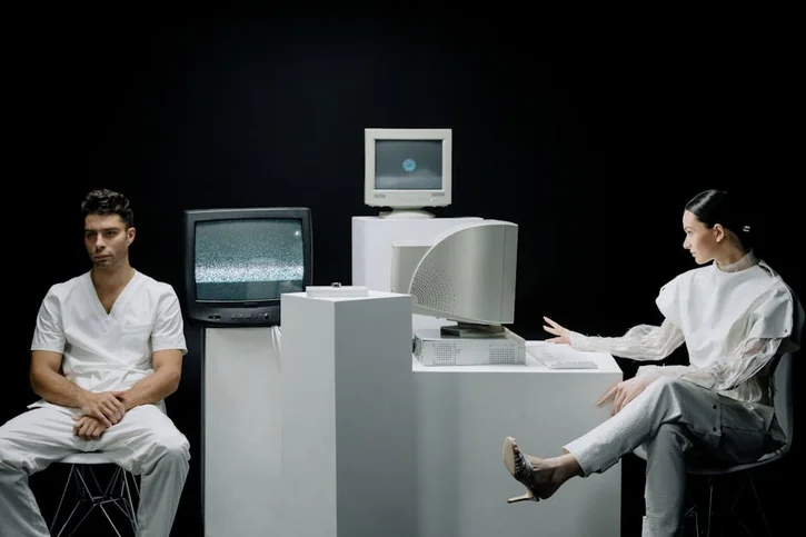 A modern depiction with vintage computers and individuals in a futuristic lab setting.