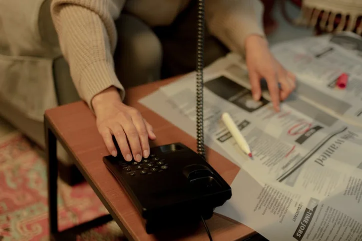 Woman using a landline and newspaper for a job search, highlighting domestic life.