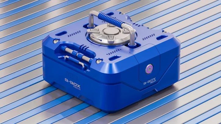 A blue tech device with a modern design placed on a metallic striped surface, showcasing advanced engineering.