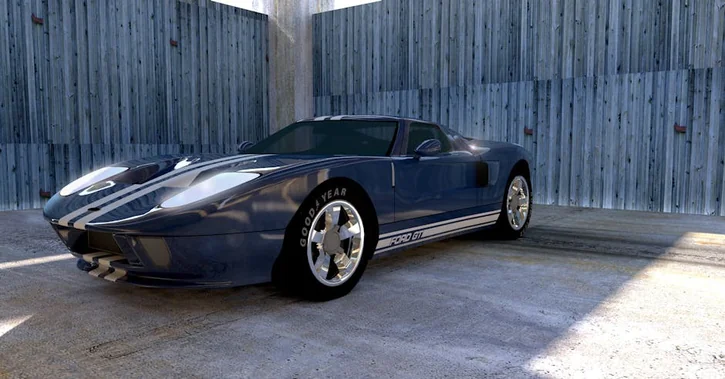 Blue Ford GT sports car with racing stripes, parked in a sunlit garage with wooden walls.