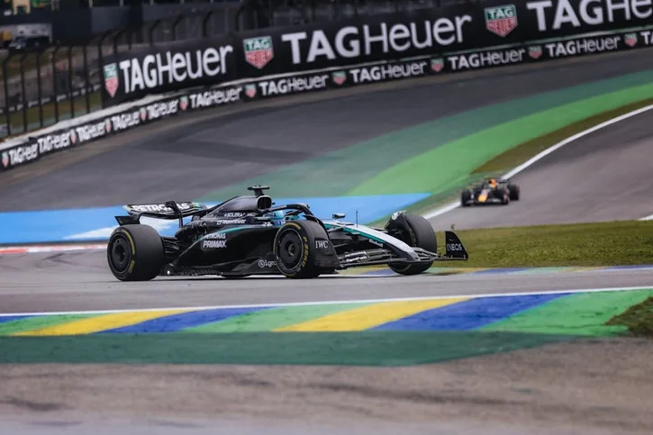 Exciting Formula 1 race action on the dynamic curves of Interlagos Circuit, Brazil.