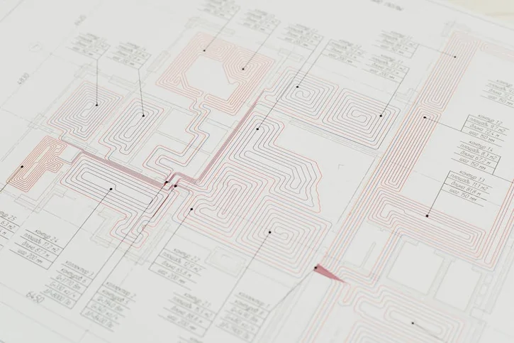 建築図面とデータポイントが描かれた図面を確認するエンジニア