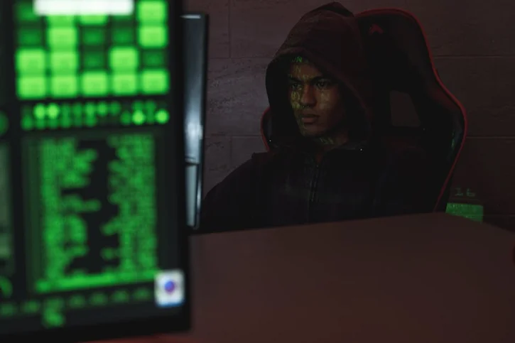 Hooded programmer intensely focused on computer screen, ensuring data protection and cyber security.