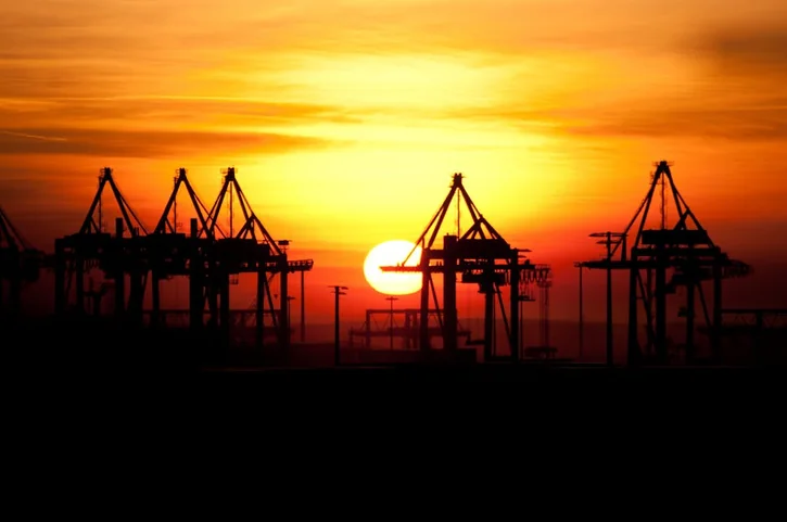Stunning sunset over Hamburg port with silhouetted cranes, capturing industrial beauty.