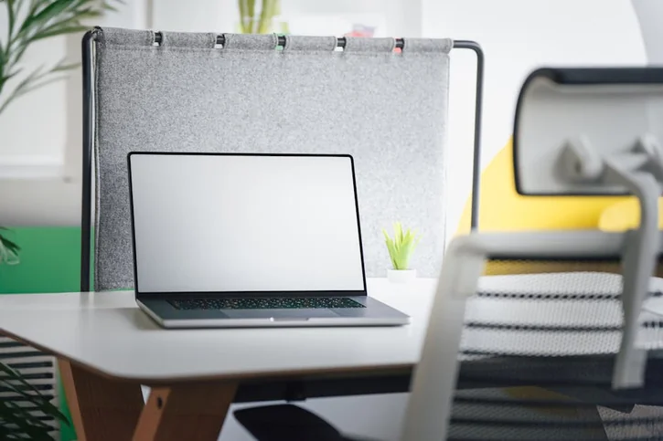 A contemporary office setup featuring a laptop, office chair, and a potted plant on a desk.