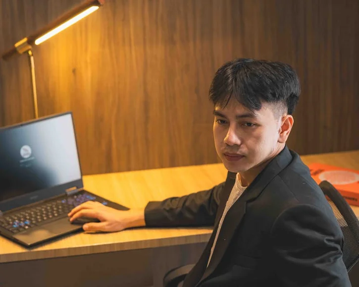 Professional workspace with focused businessman